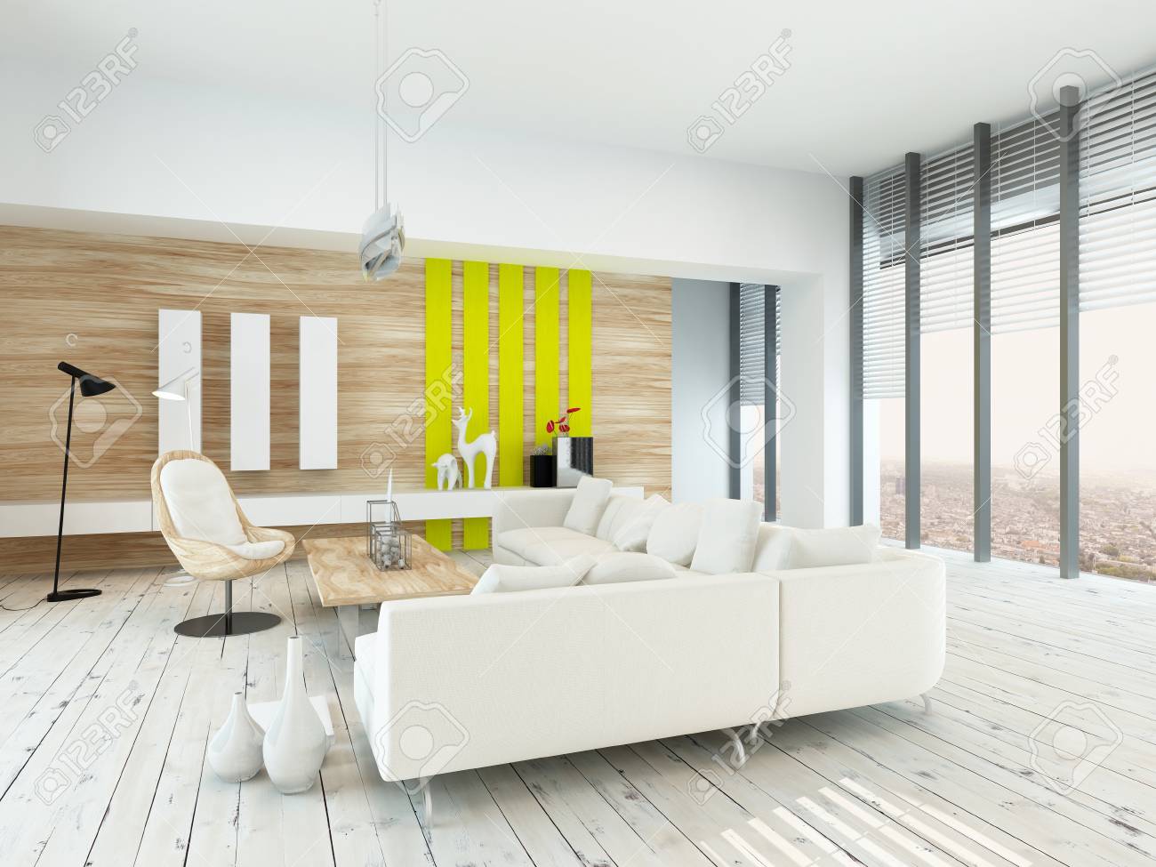 Lumineux spacieux salon avec un décor rustique avec des murs ...