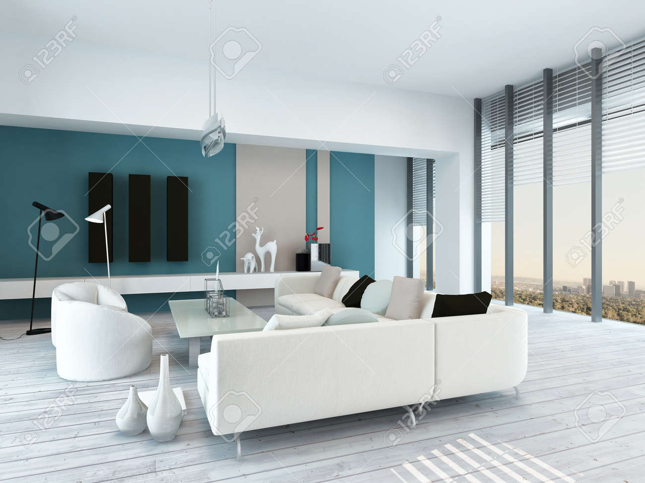 Mooie blauwe en witte woonkamer interieur met rustieke wit ...