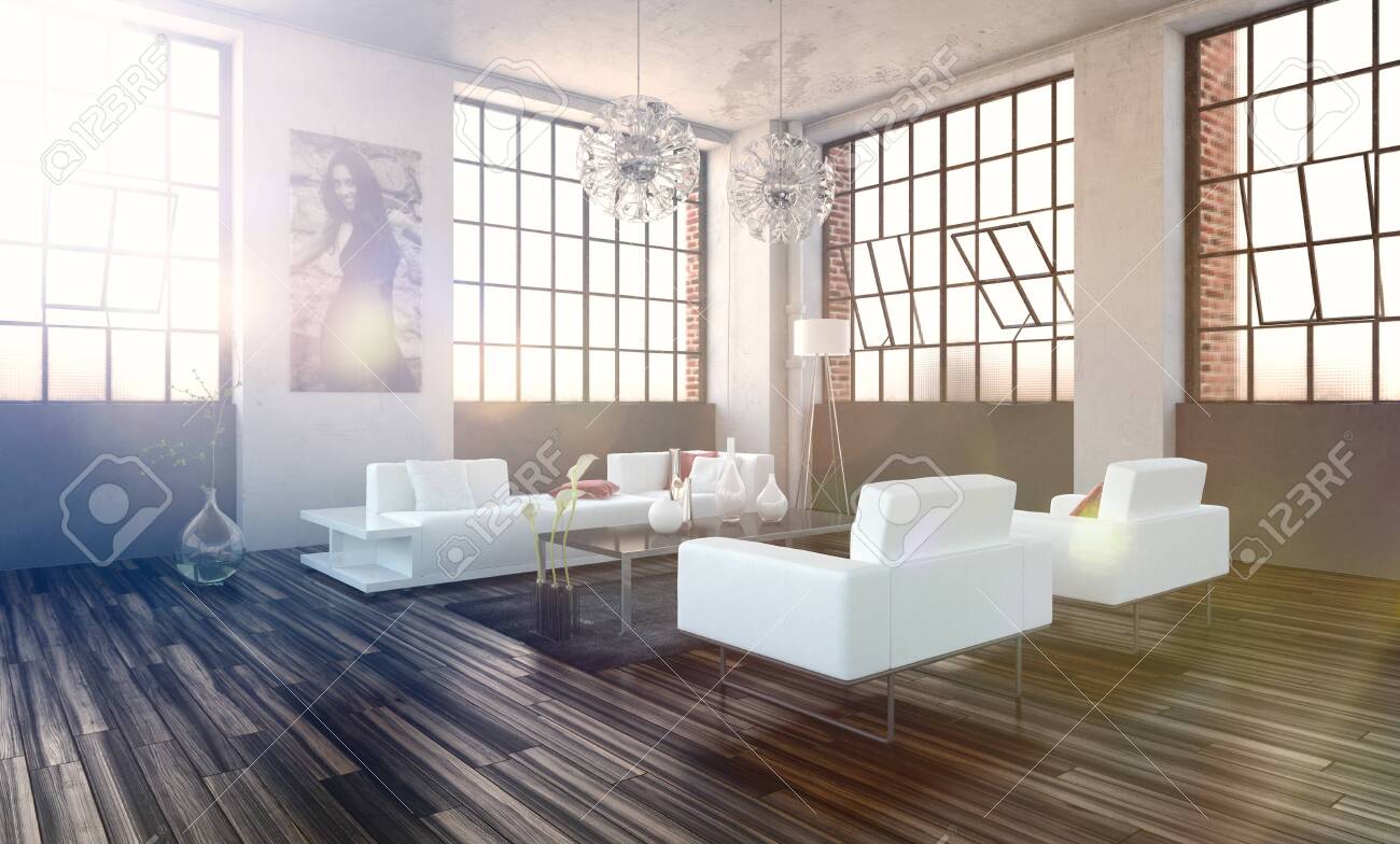 Zeer helder hoog volume moderne woonkamer interieur met draaibaar ... Woonkamer houten