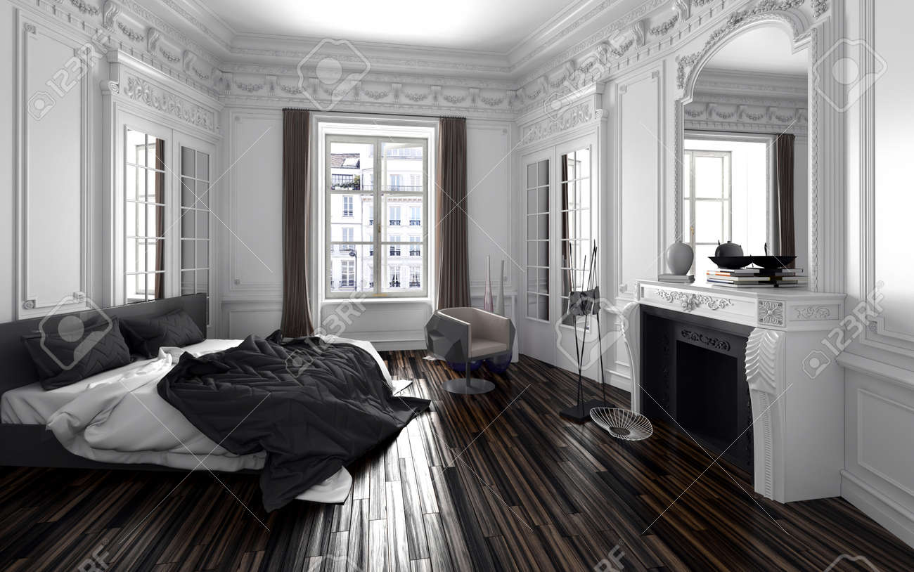 Klassiek zwart wit slaapkamer interieur met een tweepersoonsbed ...