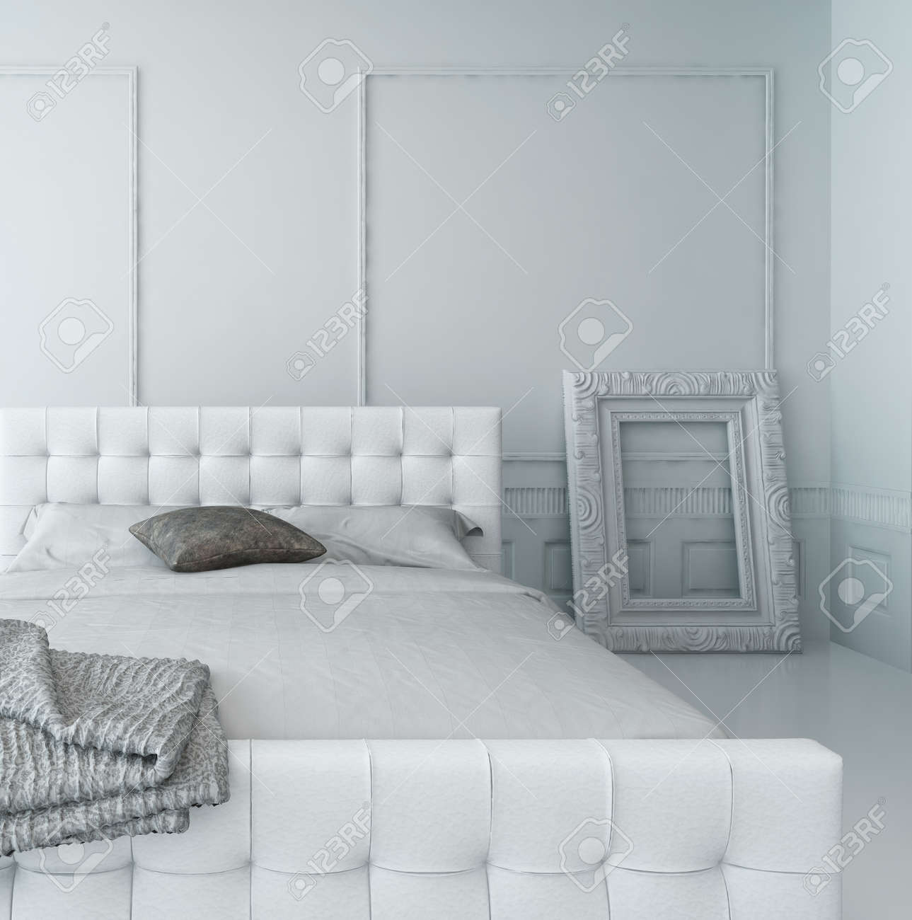 Wit lederen bed in een witte luxe panelen slaapkamer interieur ...