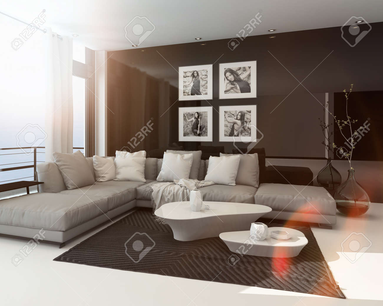 Warme zonnige moderne woonkamer interieur met zon flare door een ...