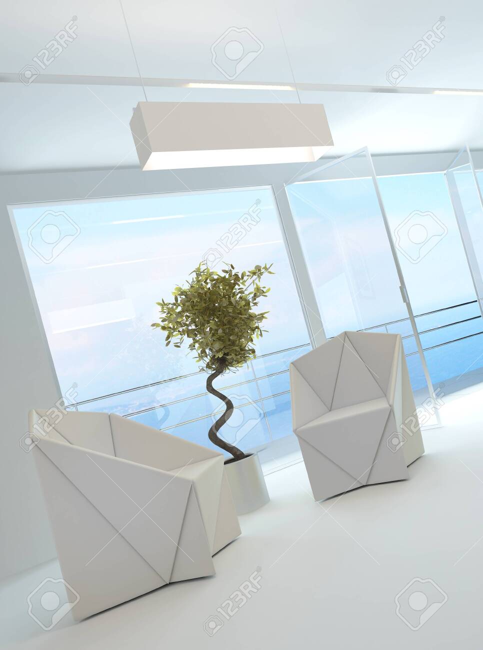 Elegante lichte luchtige woonkamer interieur met twee eigentijdse ...
