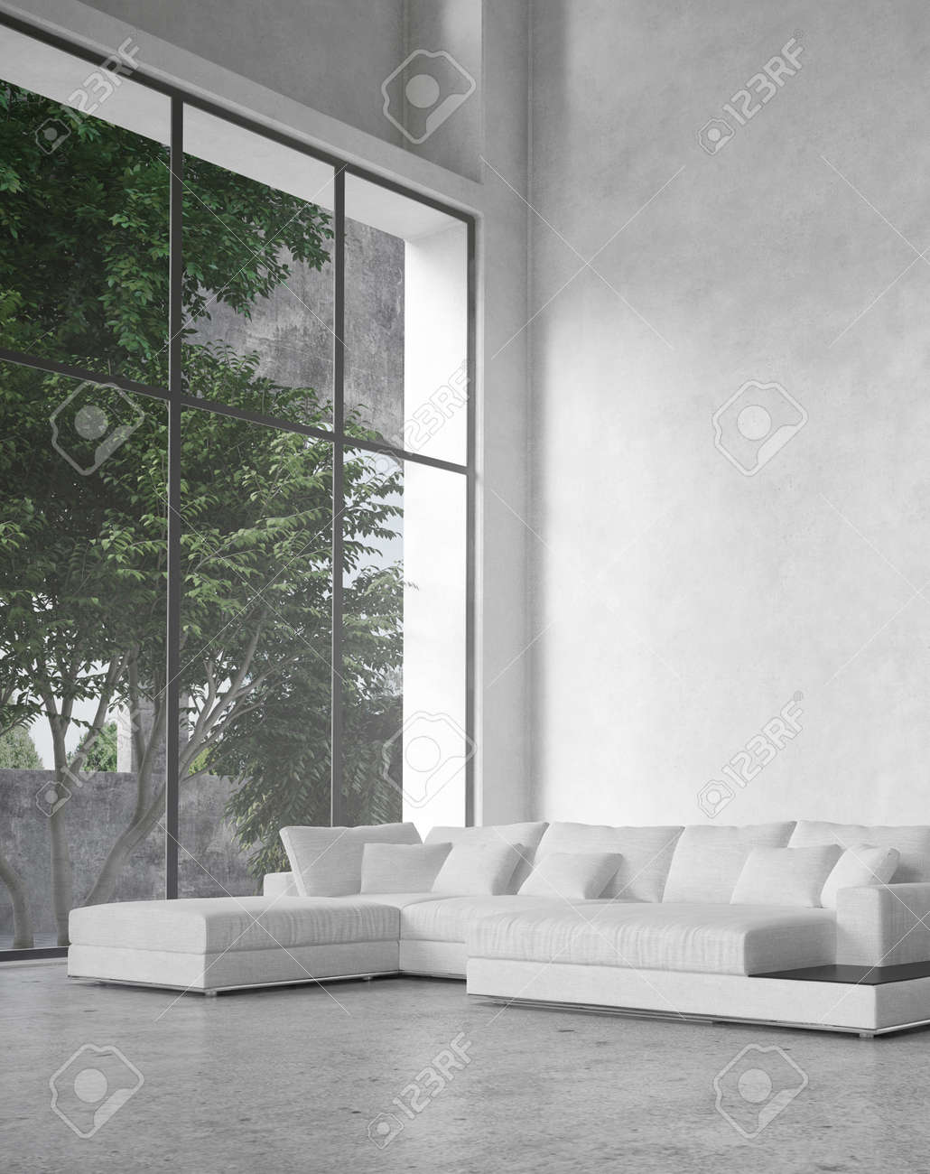 Grote moderne minimalistische woonkamer interieur met een dubbel ...