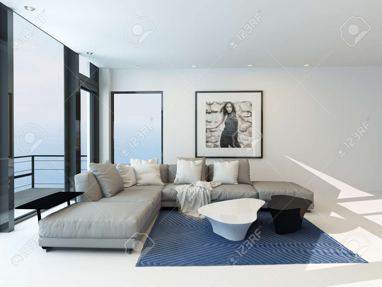 Moderne waterkant woonkamer met een lichte luchtige lounge ...