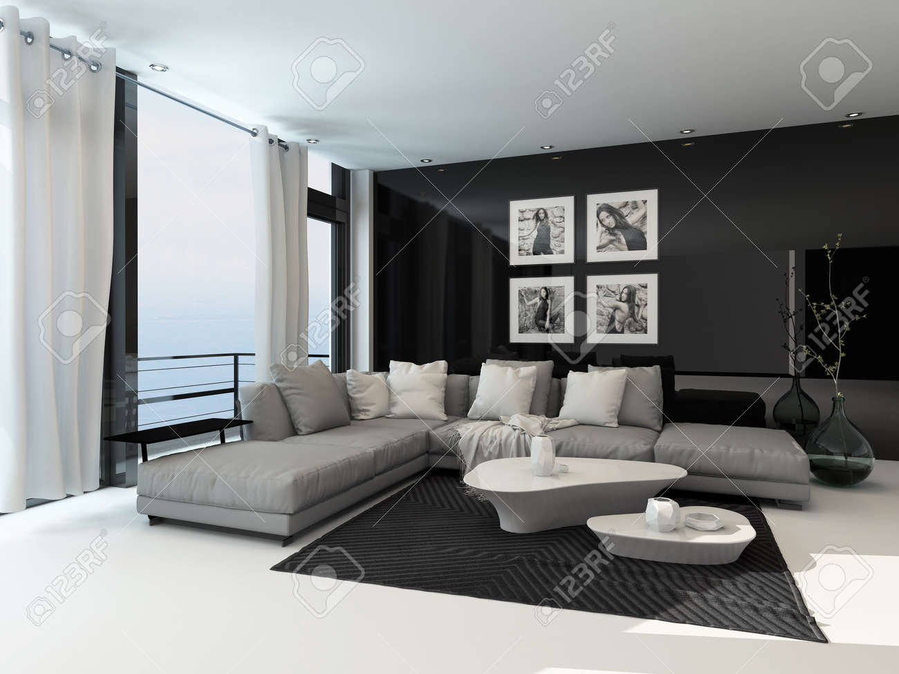 Salon intérieur dans un appartement du littoral avec de grandes ...