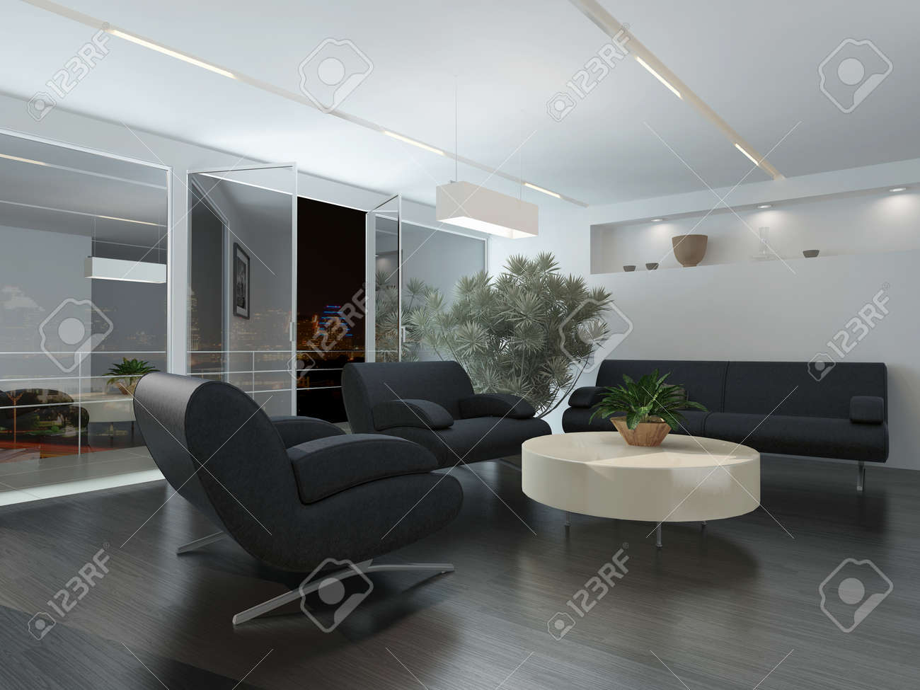 Moderne lounge of wachtkamer interieur met comfortabele fauteuils ... Lounge verlichting moderne