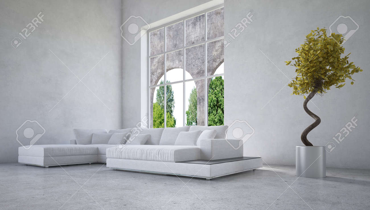 Stijlvolle moderne woonkamer interieur met een gebogen raam met ...