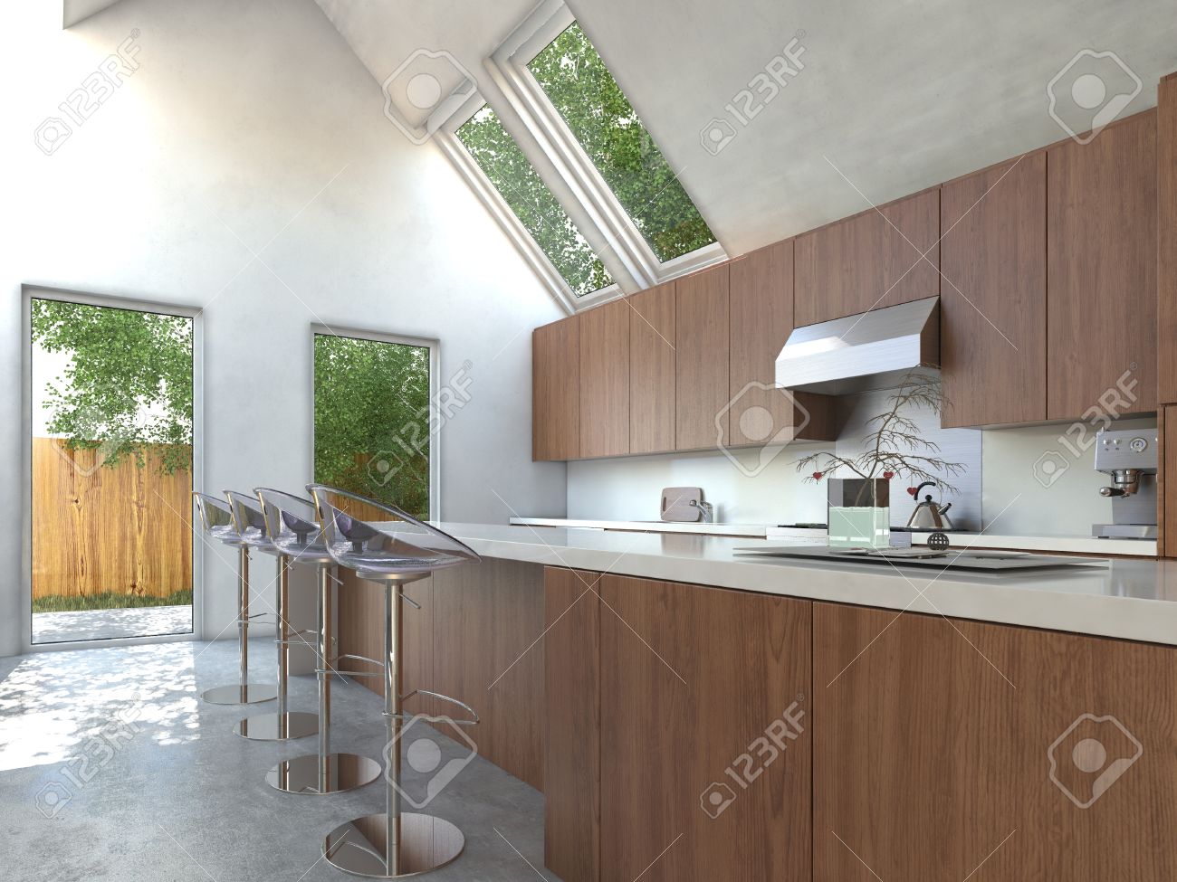 Compact cuisine moderne ouverte avec armoires en bois, un comptoir ...