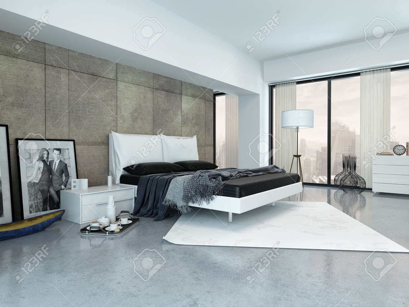 Modern interieur met een tweepersoons slaapbank, lambrisering muur ...