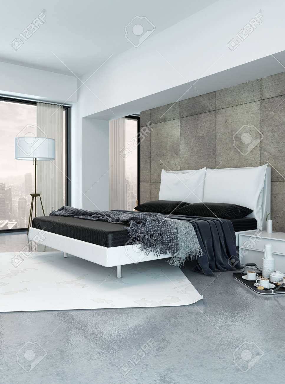 Modern interieur met een tweepersoons slaapbank, lambrisering muur ...