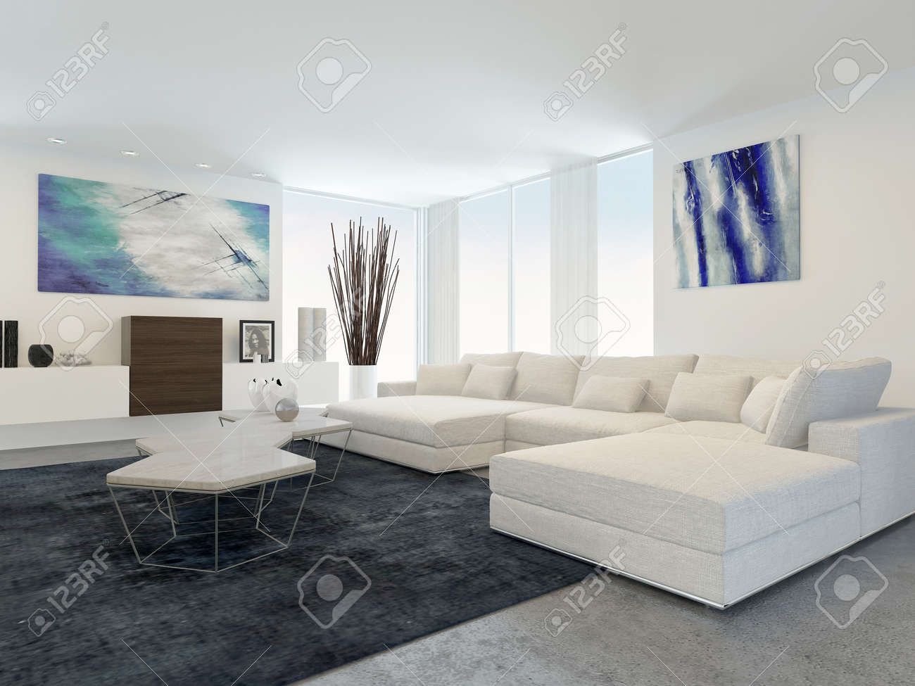 Interieur van de moderne woonkamer met witte meubels royalty vrije ...