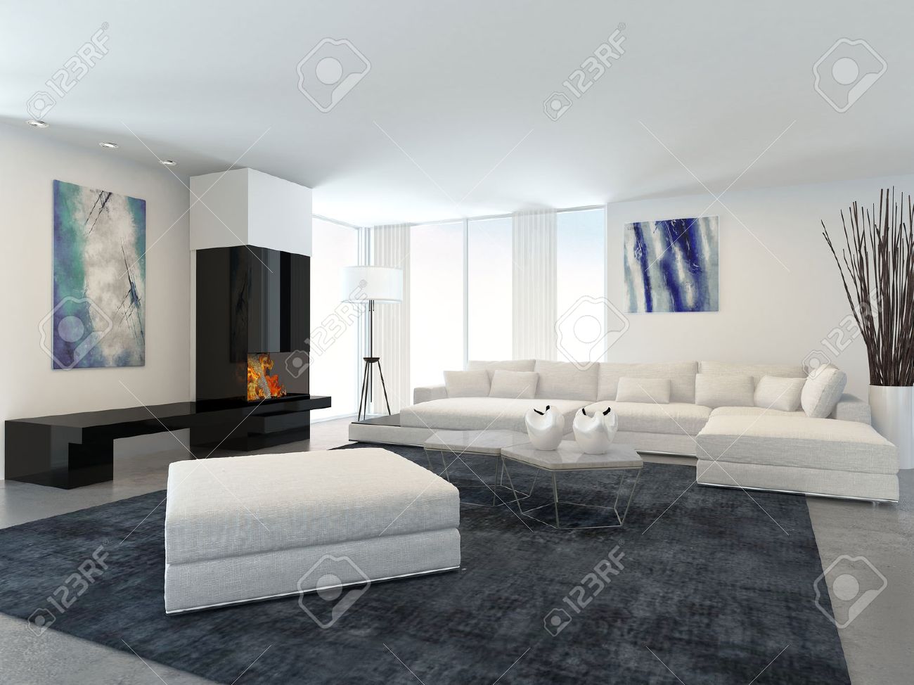 Interieur van de moderne woonkamer in appartement met open haard ...