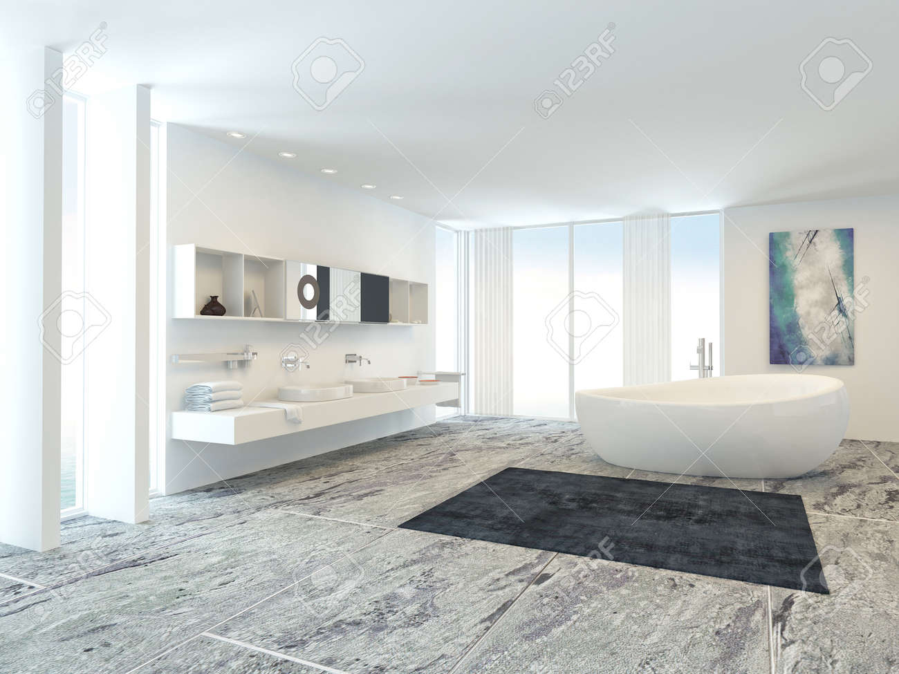 Blanc brillant intérieur de salle de bains moderne de la lumière ...