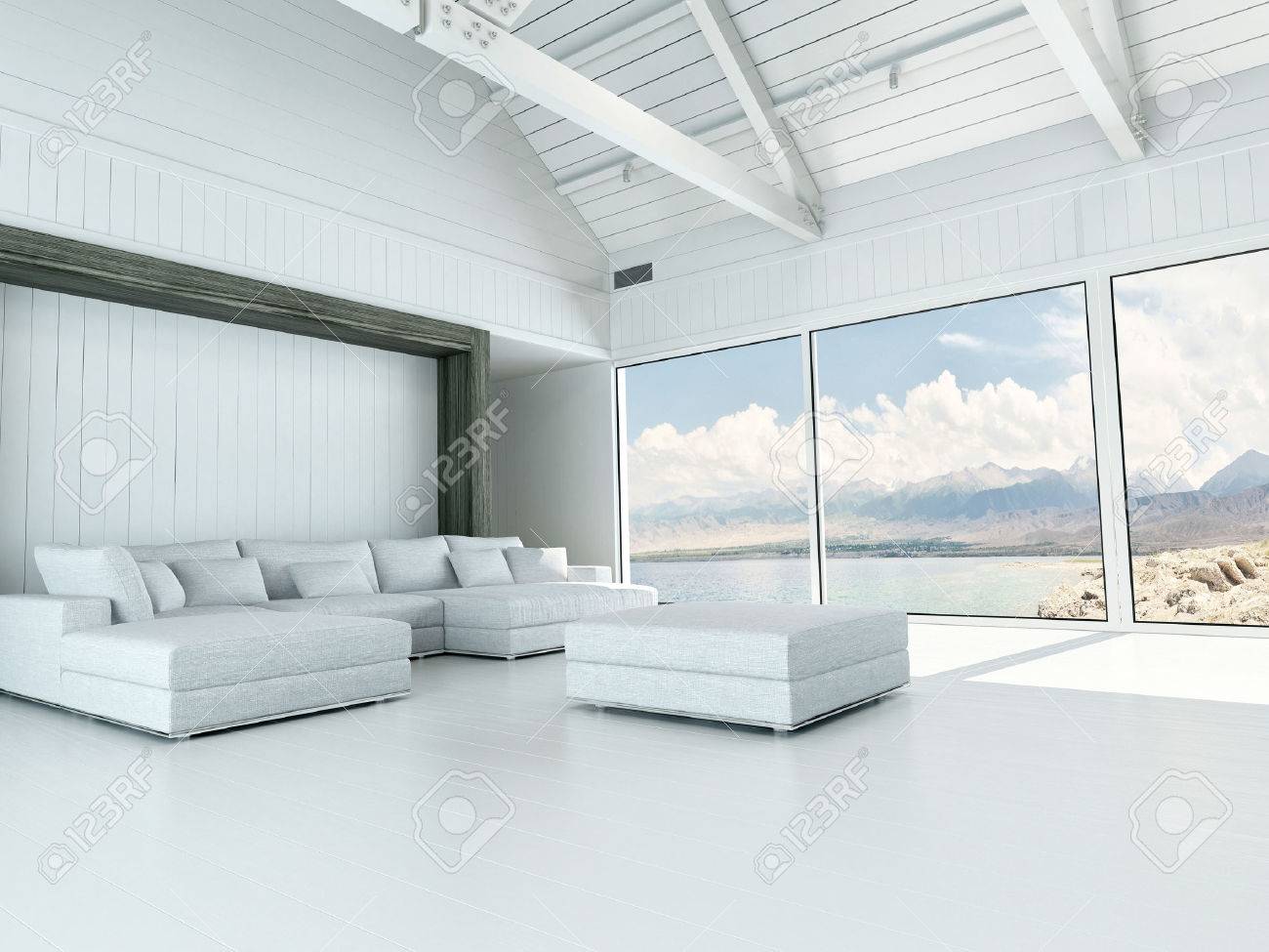 Moderne witte woonkamer interieur met grote ramen met uitzicht op ...