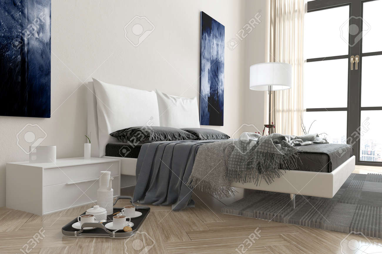 Modern interieur slaapkamer met dubbel divan bed bedekt met ...