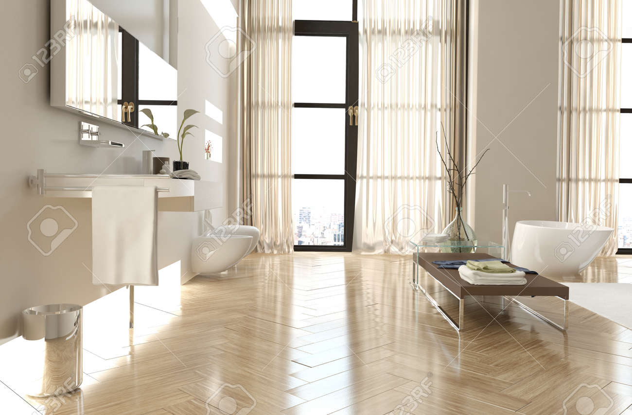 Intérieur de salle de bain haut de gamme moderne avec un plancher ...