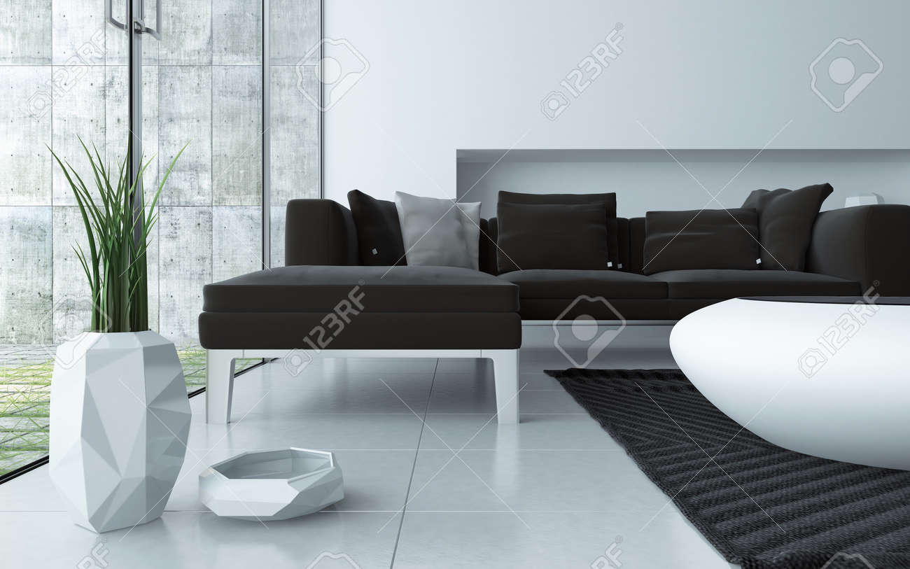 Moderne grijze en witte woonkamer interieur bekeken lage hoek over ...