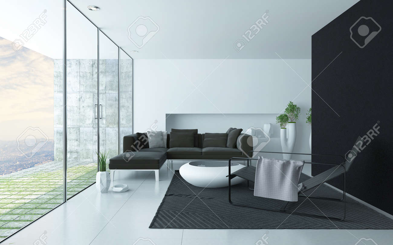 Antraciet en wit moderne woonkamer interieur met een glazen wand ...