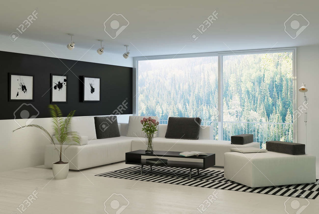 Moderne woonkamer met grote ramen en zwarte muur royalty vrije ...