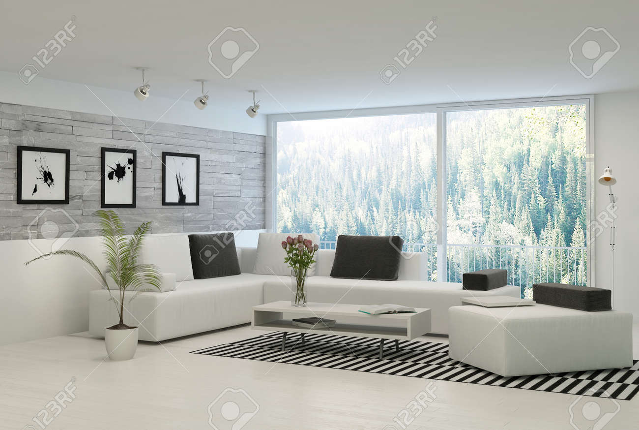 Moderne woonkamer met grote ramen en stenen muur royalty vrije ...