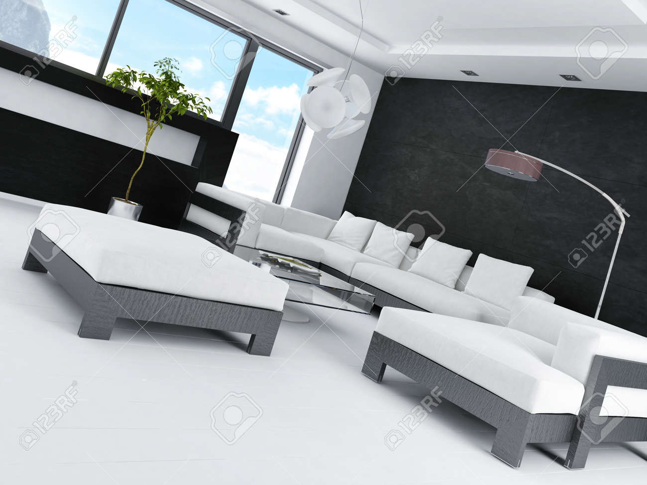 Salon moderne avec des fenêtres et mur de pierre noire banque d ...
