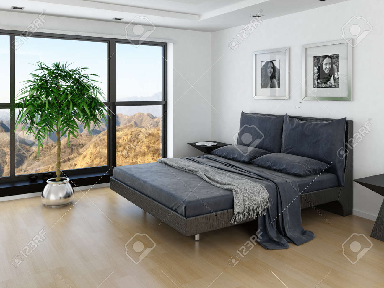 Intérieur de la chambre moderne avec un lit gris et immense ...