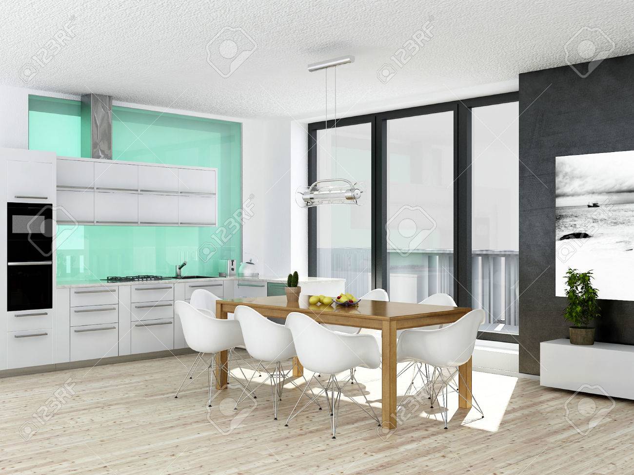 Moderne witte en groene keuken interieur met houten vloer royalty ... Moderne witte keuken met houten