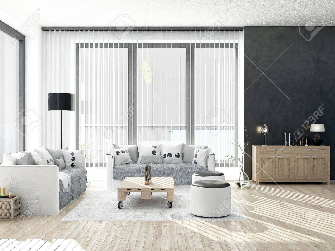 Salon noir et blanc avec plancher en bois banque d'images et ...