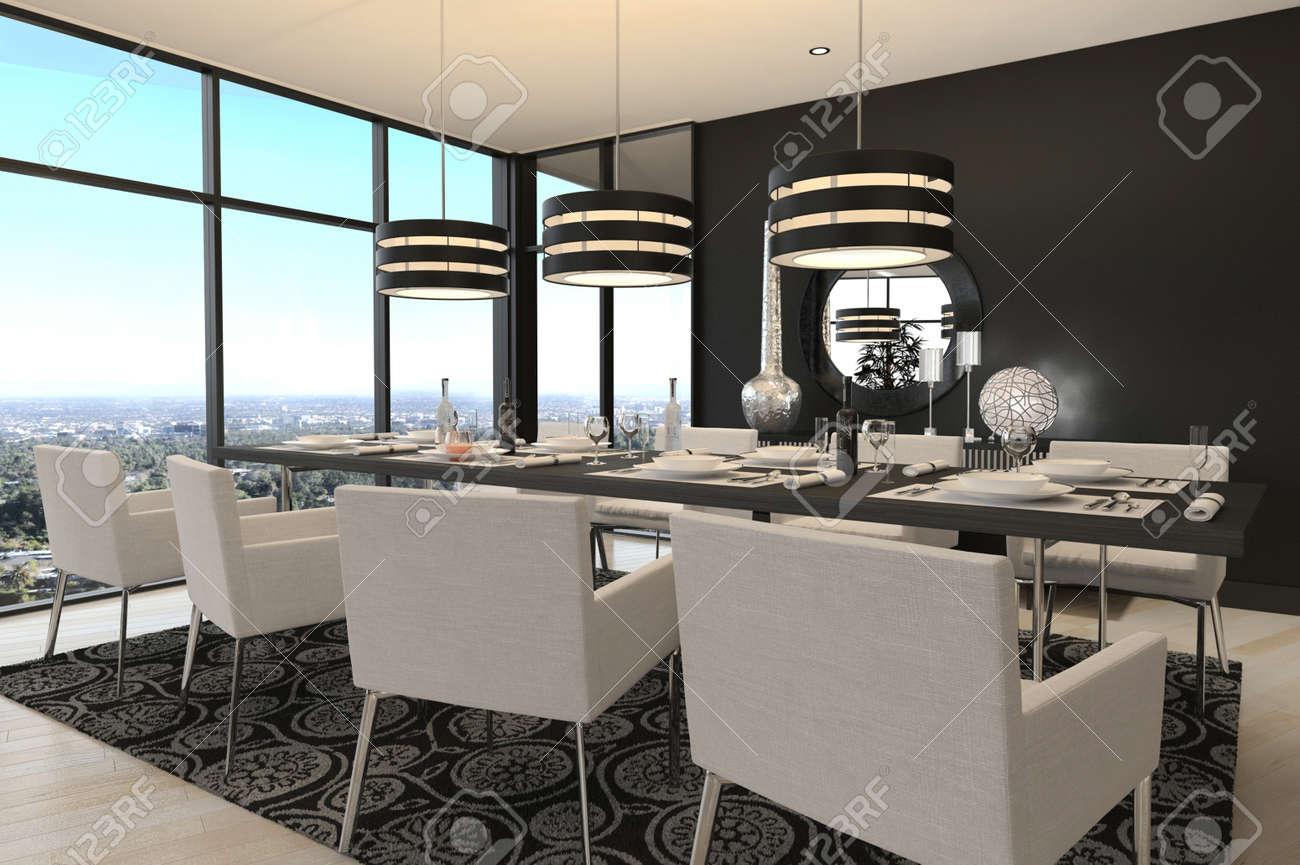 Rendu 3d de l'intérieur à manger de luxe moderne chambre et vue ...