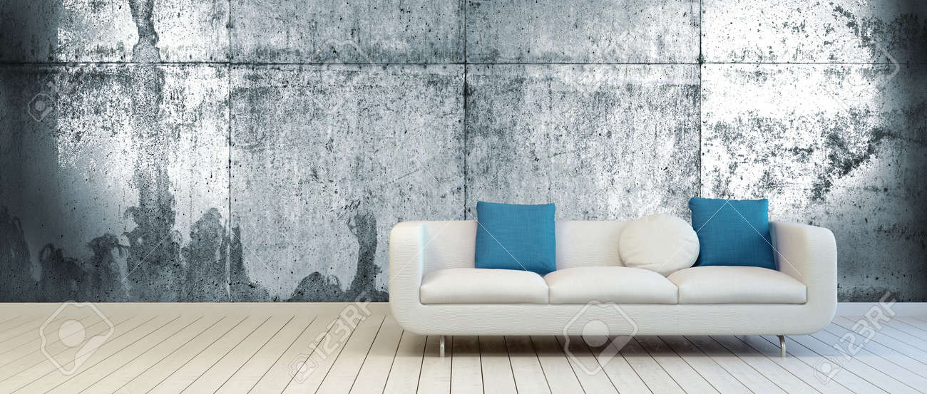 Elegante bank met wit en blauw groen kussens op een lege woonkamer ... Banken blauw woonkamer