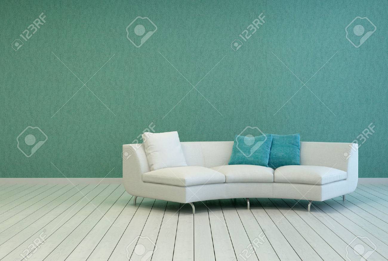 Elegante witte bank met plein kussens op een lege woonkamer met ...