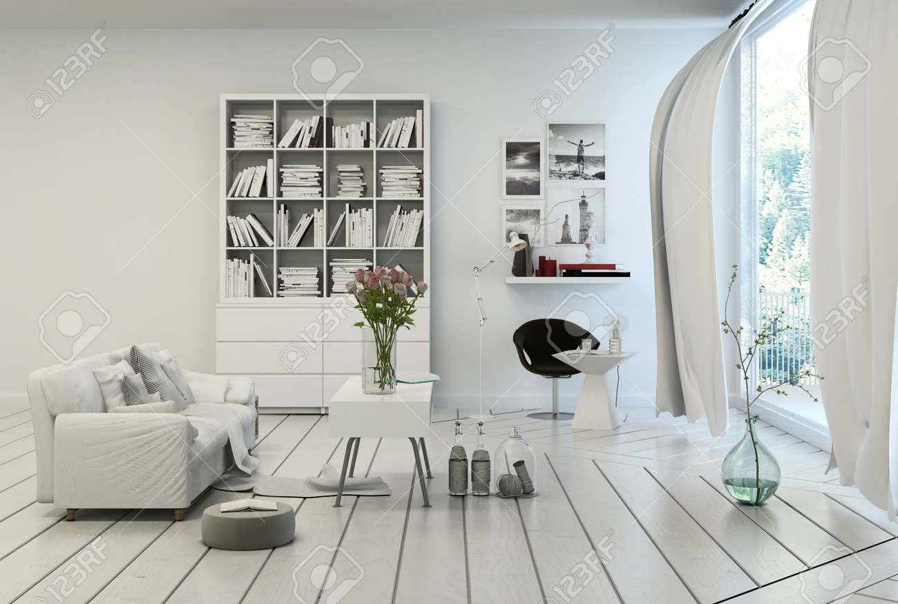 Compacte moderne witte woonkamer interieur met wit geschilderde ...