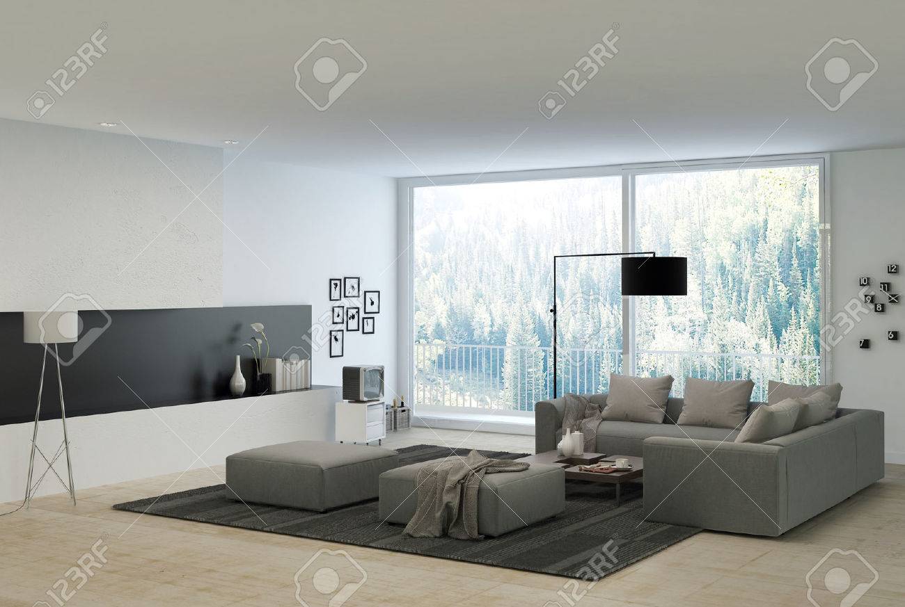 Grå soffor på elegant vit architectural vardagsrum med glasfönster ...