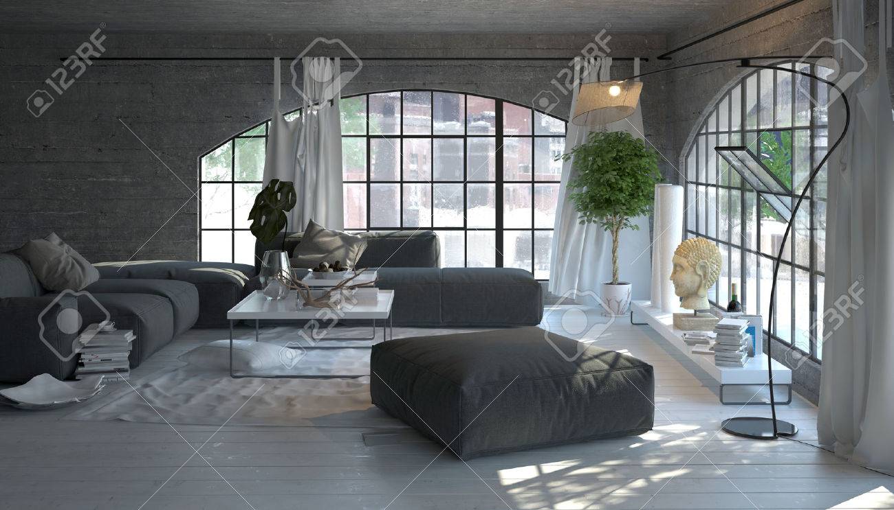 Moderne woonkamer interieur met grote gebogen ramen met uitzicht ...