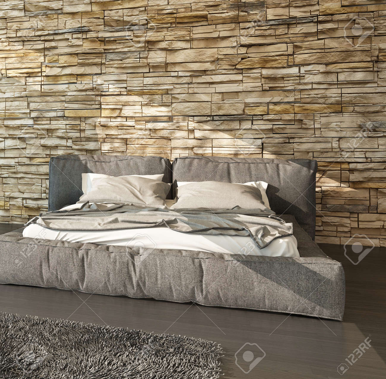 Modern bed met gewatteerde gestoffeerde hoofdeinde en voeteneinde ...