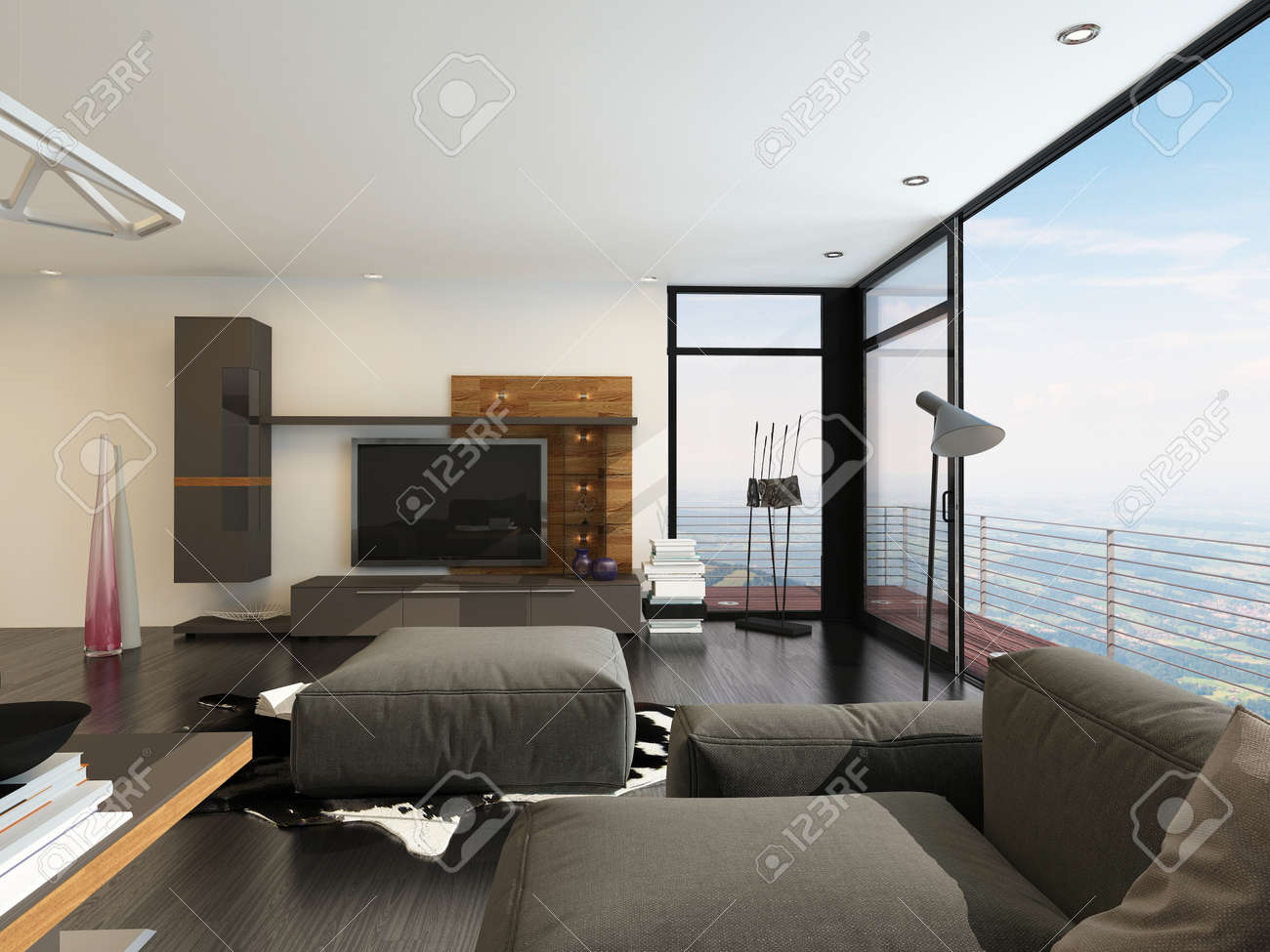 Chique woonkamer interieur met een grote flatscreen tv, bruin ...