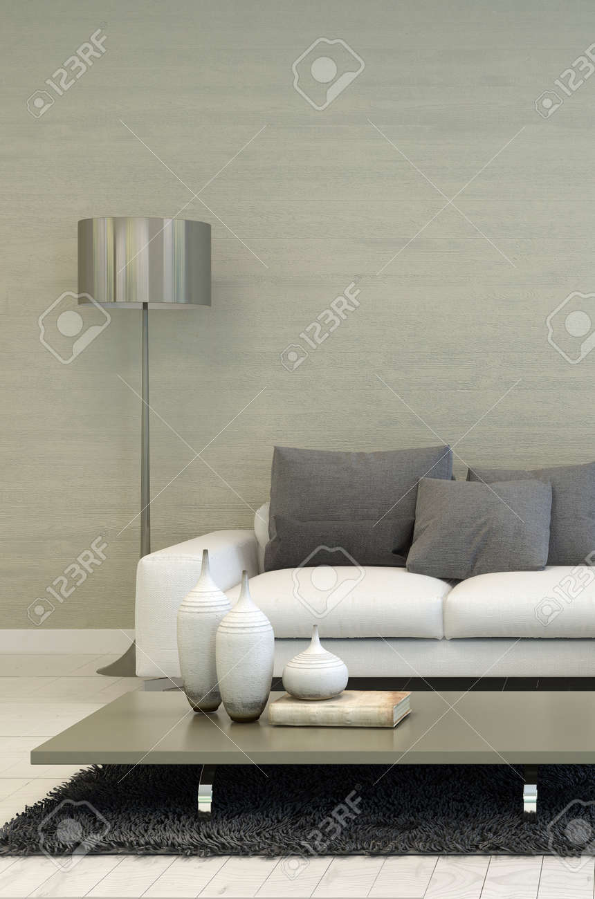 Detalj av modernt vardagsrum med metal golvlampa, vit soffa och ...