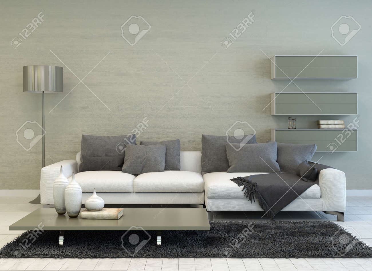 Moderne grijze en witte woonkamer met floor lamp, sofa ...