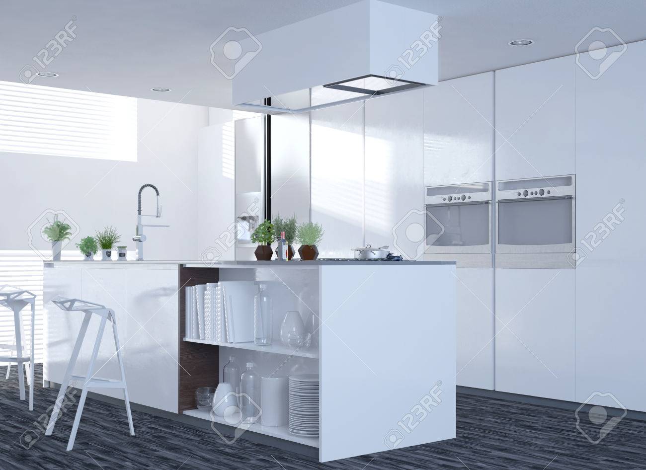 Moderne saubere weiÃe küche interieur mit einem offenen design und ... Moderne küchen mit insel