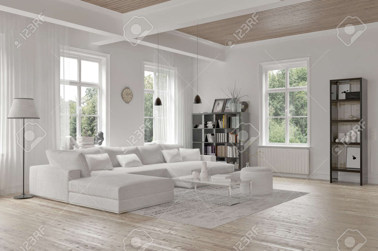 Moderne loft woonkamer interieur met monochrome wit decor, een ...