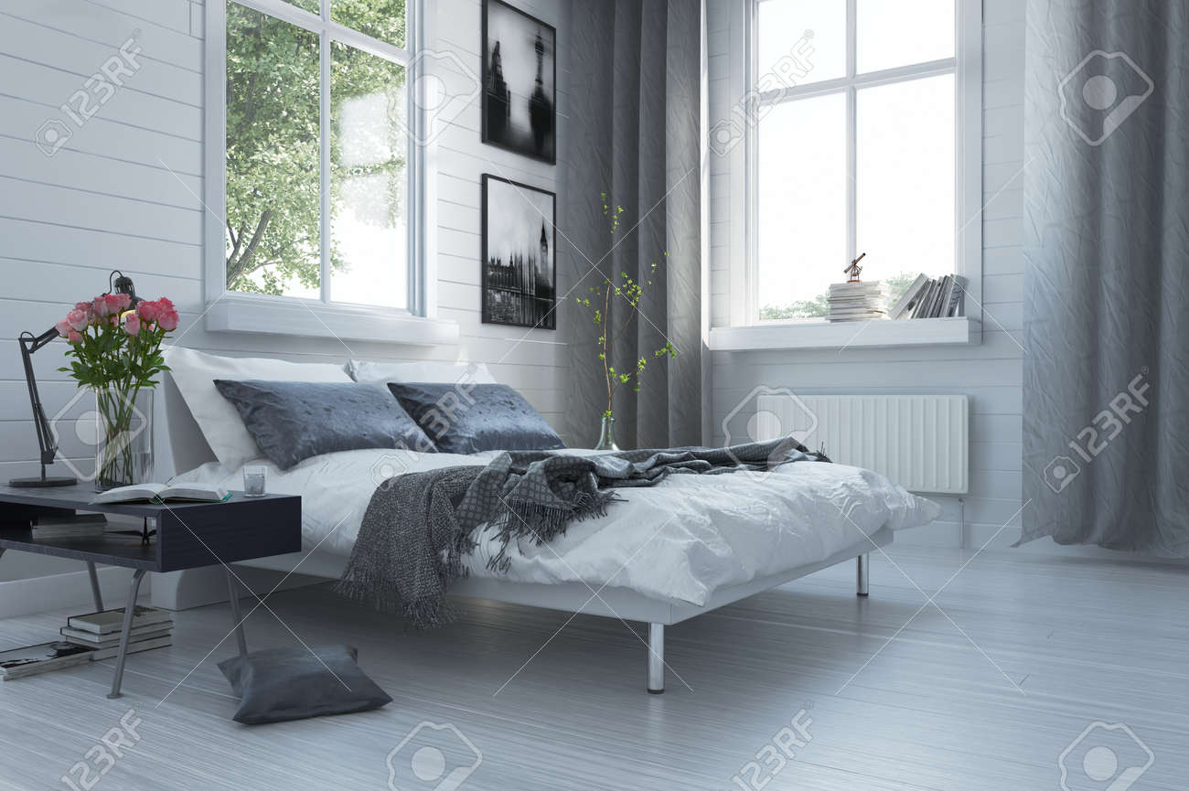 Luxe grijze en witte moderne slaapkamer interieur met een ...