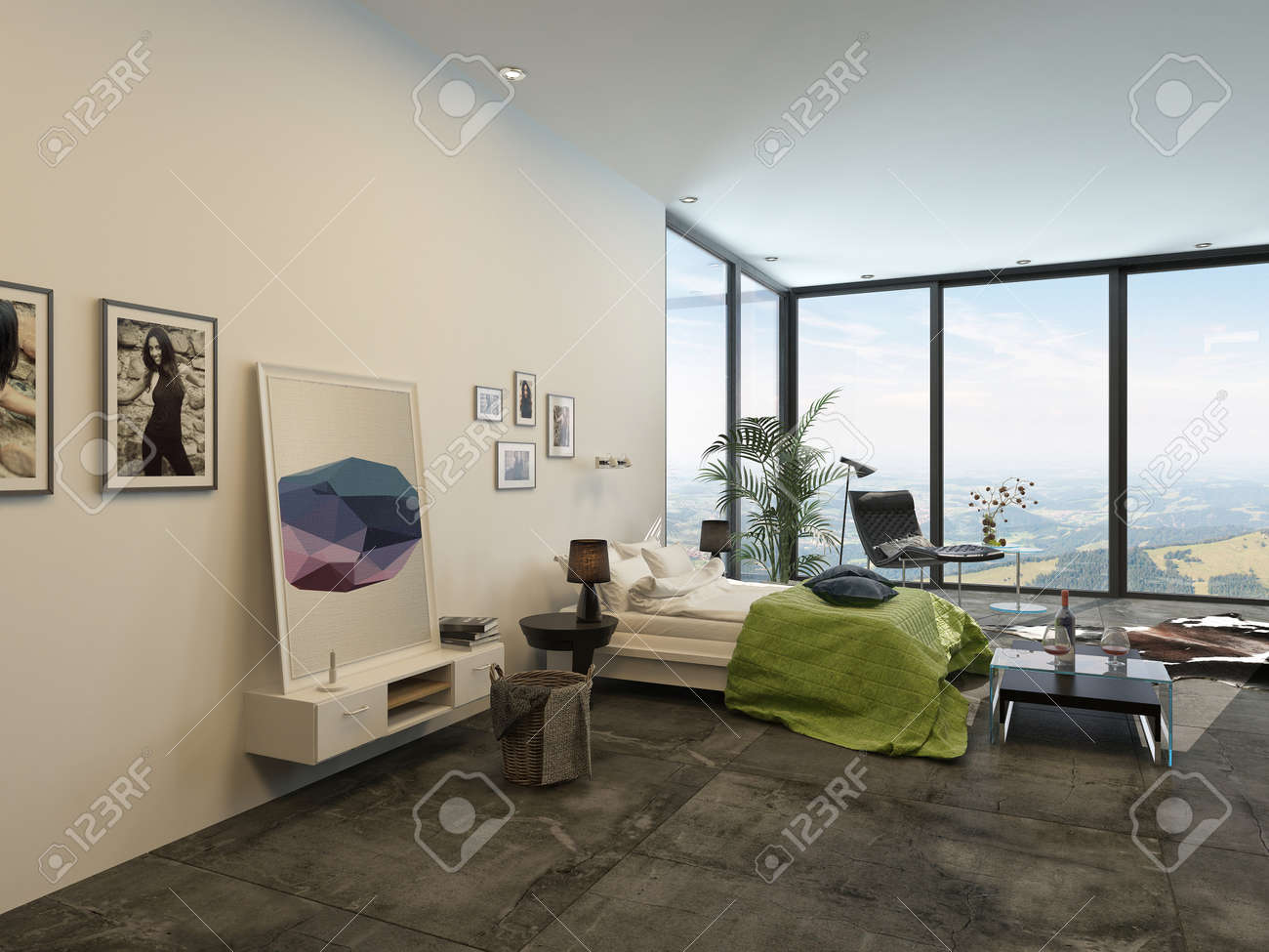 Ruime lichte moderne interieur slaapkamer met grote ramen van ...