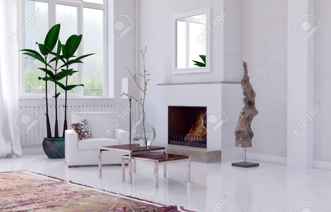 Gezellige minimalistische witte woonkamer interieur met open haard ...