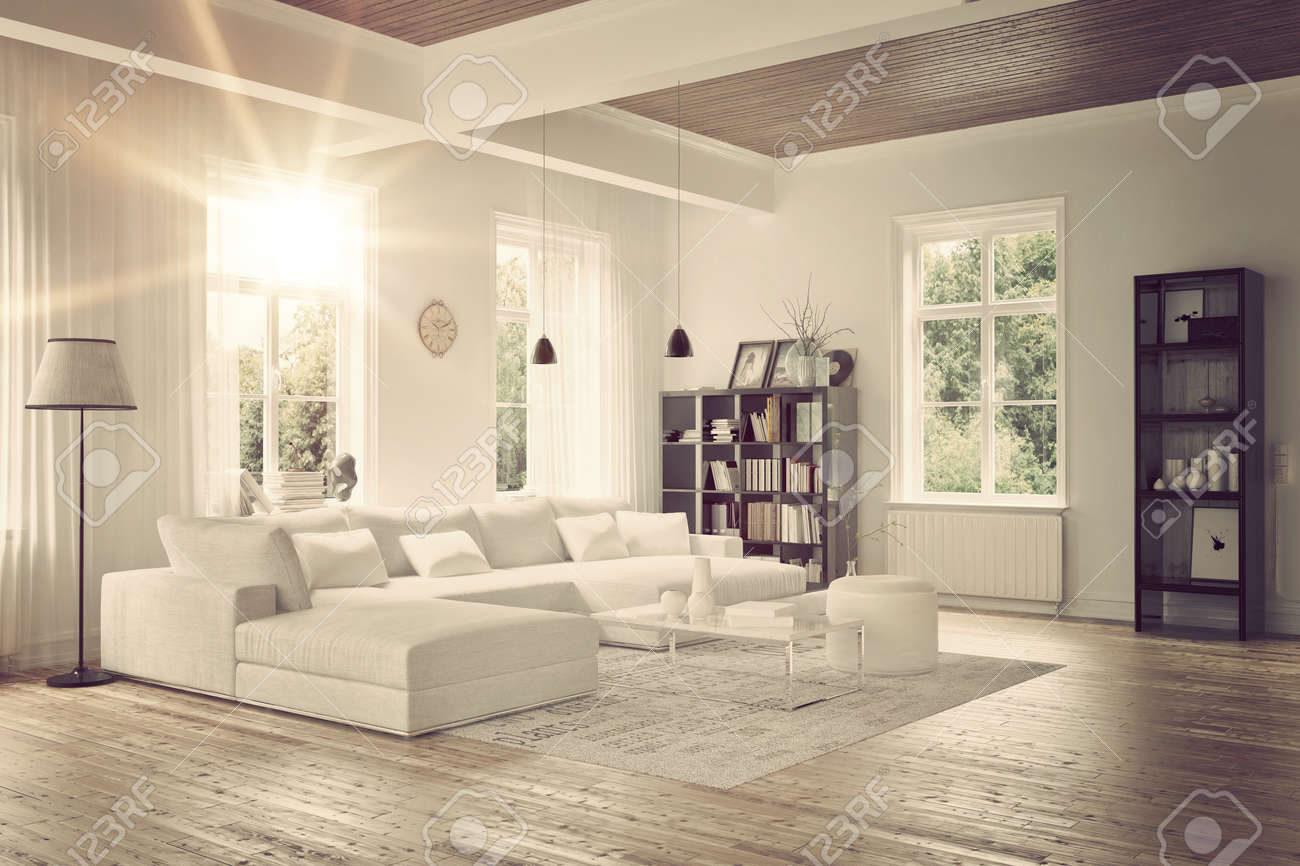 Moderne loft woonkamer interieur met monochrome wit decor, een ...