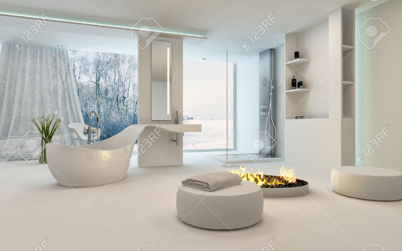 Modern design badrum interiör med ovanliga formade badkar, dusch ...