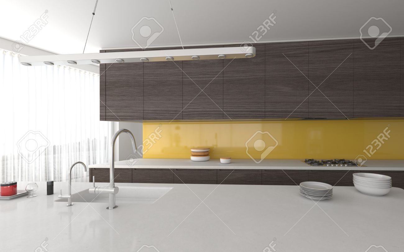 Moderno open space giallo e grigio interni cucina con costruito in ...