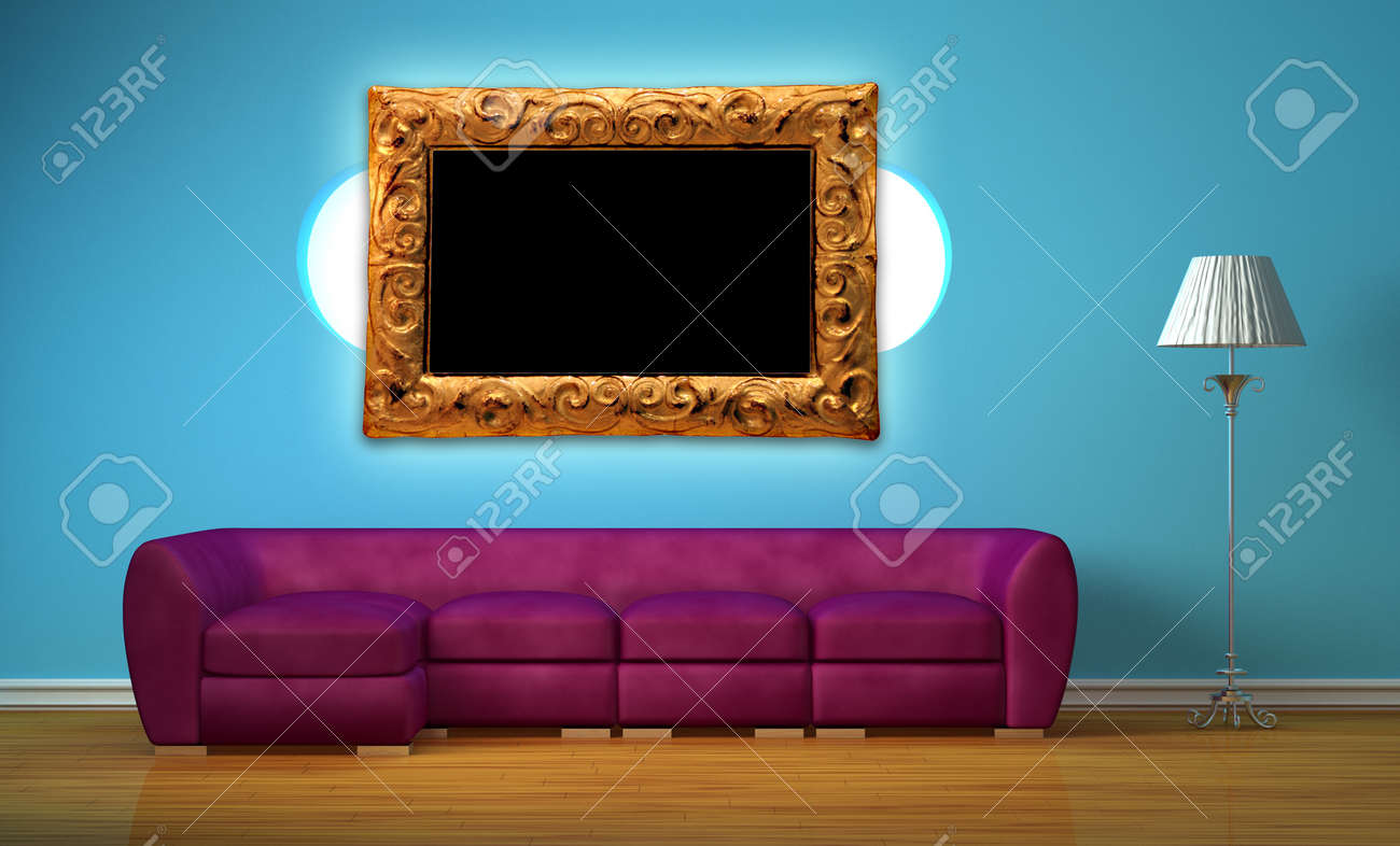 Paarse bank met ovale boekenplank en staande lamp in blauw ...