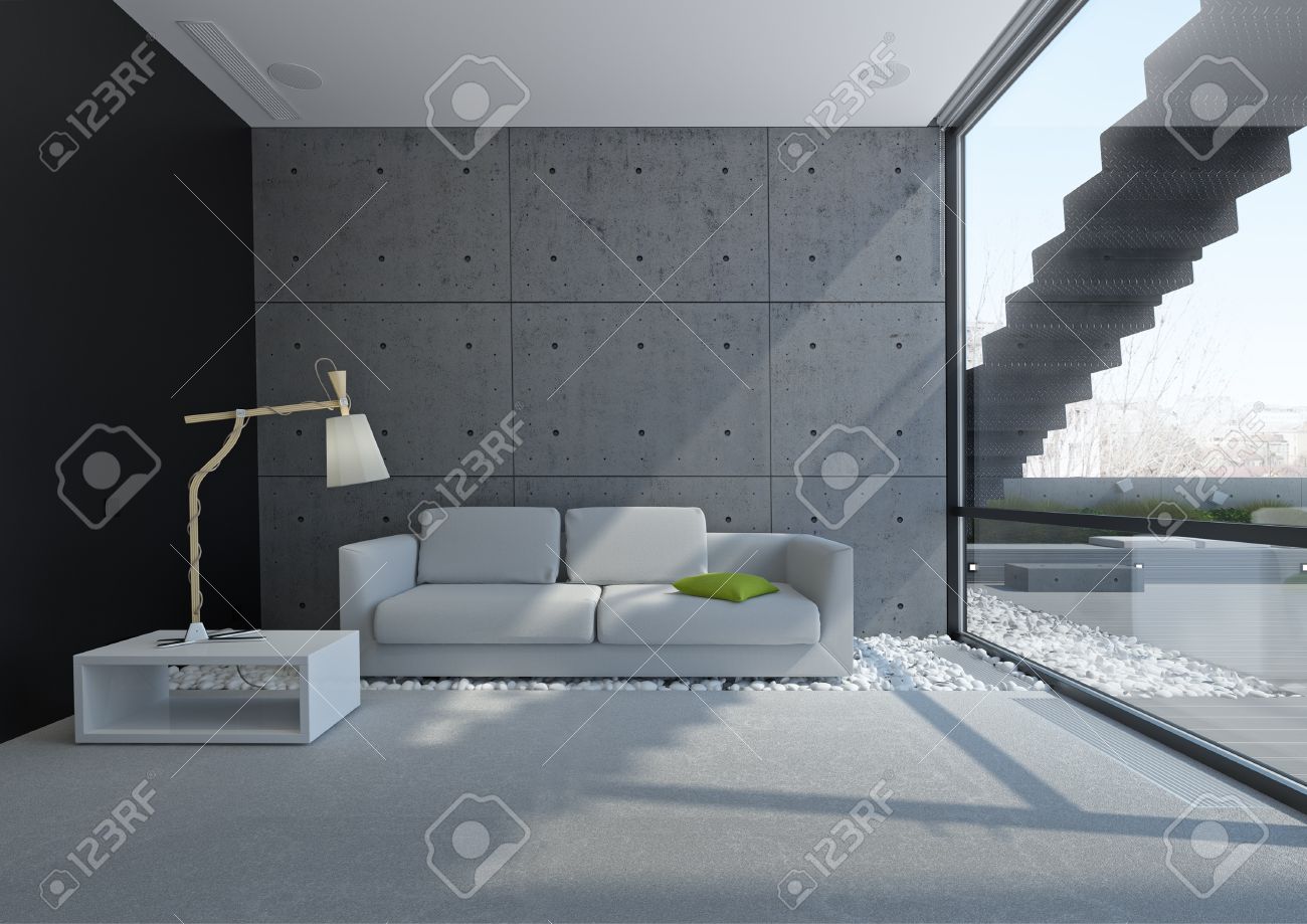 Salon contempopary avec mur en béton et galets sur l'application ...
