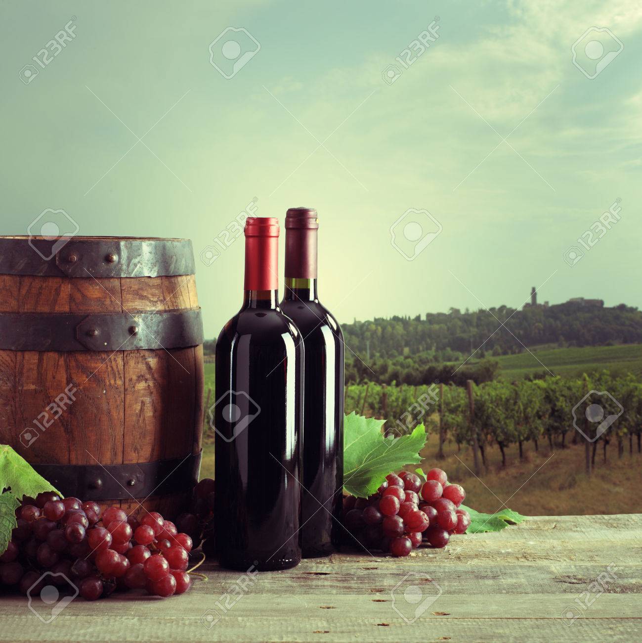 22550633-Red-wine-bottles-with-barrel-and-grapes-vineyard-on-vintage-look-Stock-Photo.jpg